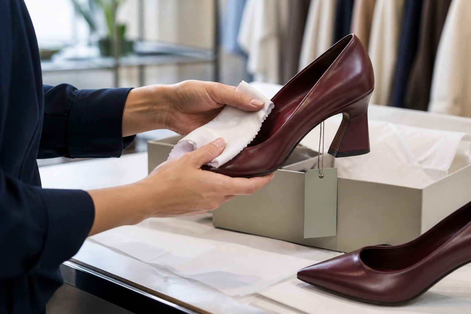 Returned fashion footwear being inspected and refreshed